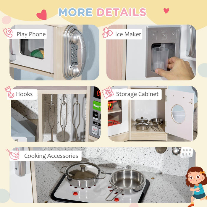 Ultra-Big Corner Kids Kitchen Playset with Sound Effects, Wooden Play Kitchen with Stainless Steel Cooking Toys, Imaginative Pretend Toy for Ages 3-6 with Phone, Ice Maker - DTYStore