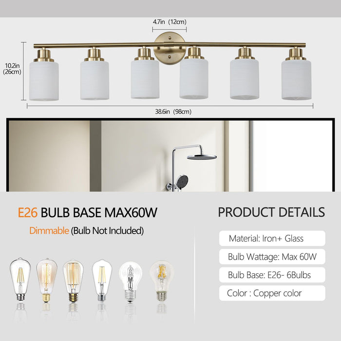 6-Light Golden Bathroom Vanity Light Fixture, Frosted Glass Shades, Modern Wall Mounted Lighting (No Bulbs) - DTYStore