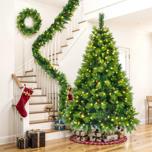 6FT Grass Green Christmas Tree, Large Branches Pine Tree, Pre-Lit Set with Tree & Garland & Wreath, Artificial Christmas with Pine Cones, Hinged Xmas Tree , for Holiday Party Ofiice Home - Image 1