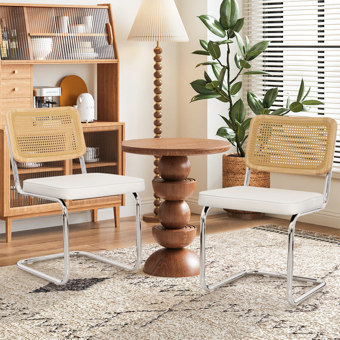 Mid Century Modern Dining Chairs Set of 2, Velvet Accent Chairs with Natural Cane Back, White - DTYStore