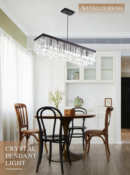 Modern Rectangle K9 Crystal Chandelier, Matte Black Iron E12 Bulb 8-Light Pendant Light For Dining Room Kitchen Room - DTYStore