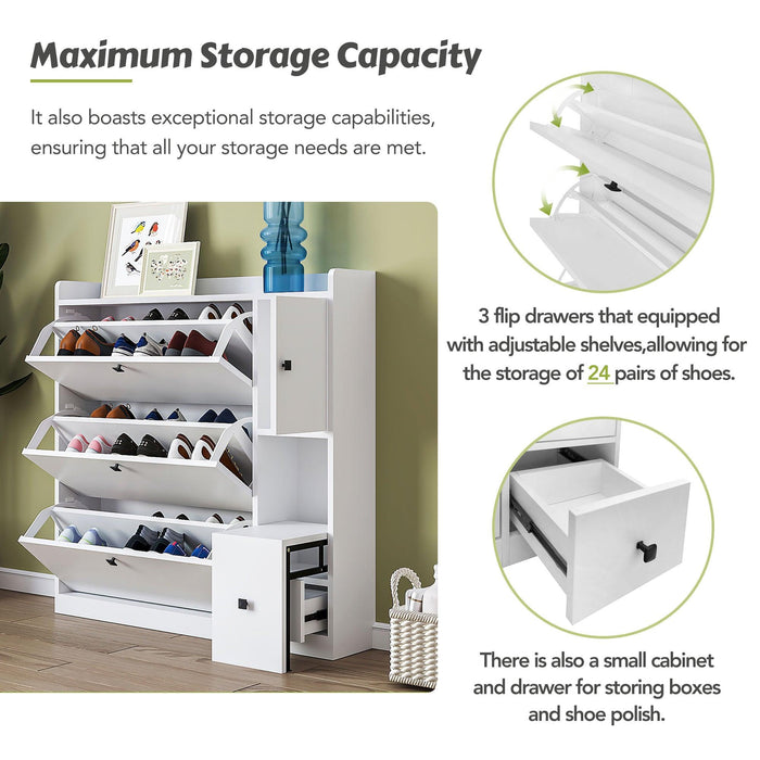 Versatile Tipping Bucket Shoe Cabinet with 3 Flip Drawers, Maximum Storage Entryway Organizer with Drawer, Free Standing Shoe Rack with Pull-down Seat for Hallway, White - DTYStore