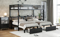 Full XL Over Twin & Twin Triple Bunk Bed with Drawers, Multi-functional Metal Frame Bed, Bed Head with Shelving & USB, Black - DTYStore