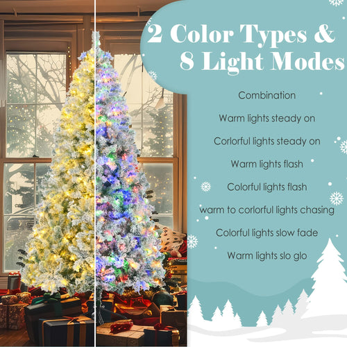 6FT Snow Flocked Christmas Tree, Pre-Lit Set with Tree & Garland & Wreath, Artificial Hinged Xmas Tree with Colorful LED Lights, 8 Lighting Modes, Pine Cones, Holiday Décor for Home - Image 5