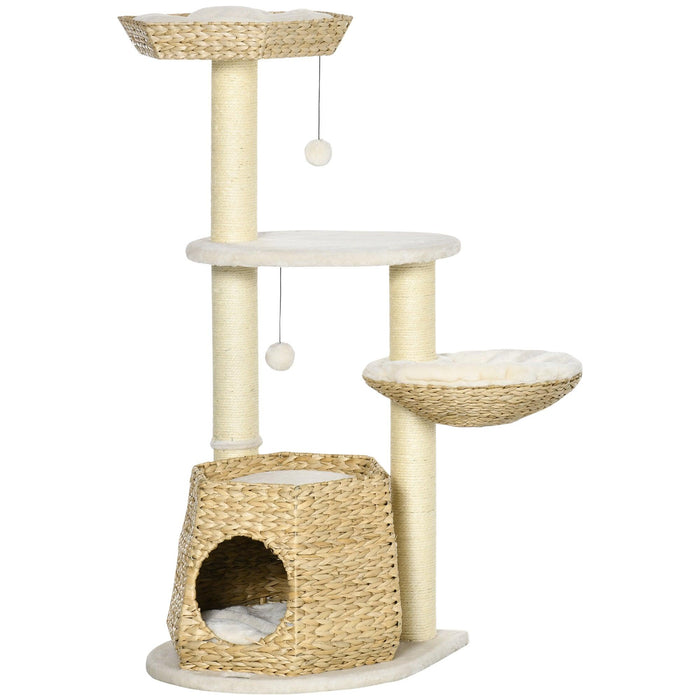 47" Cat Tree Kitty Activity Center, Cat Climbing Toy with Cattail Fluff, Bed, Condo, Sisal Scratching Post, and Hanging Ball, Natural - DTYStore