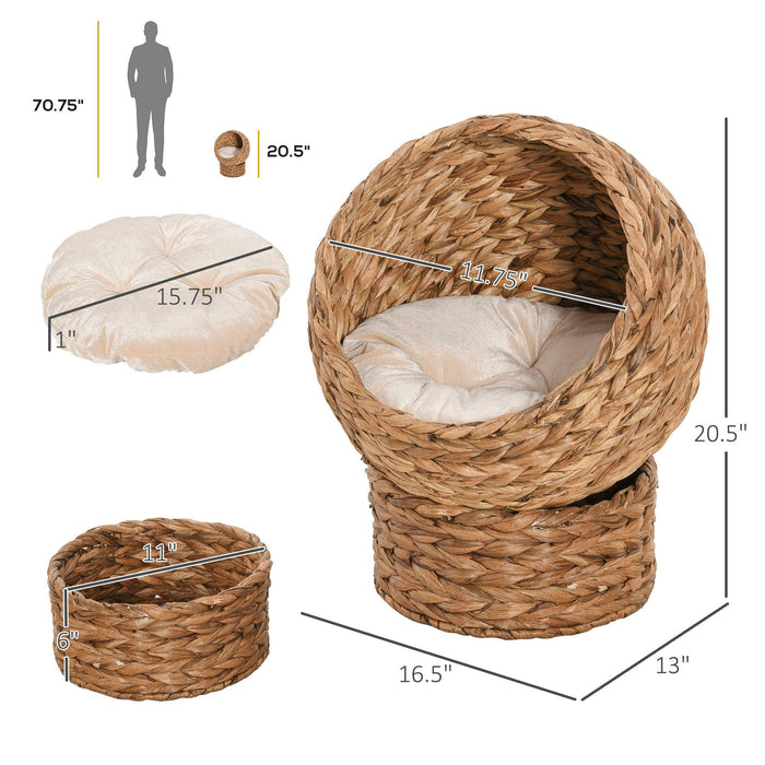 Handwoven Elevated Cat Bed with Soft Cushion & Cat Egg Chair Shape, Cat Basket Bed Kitty House with Stand, Raised Wicker Cat Bed for Indoor Cats, 23.5" H, Brown - DTYStore