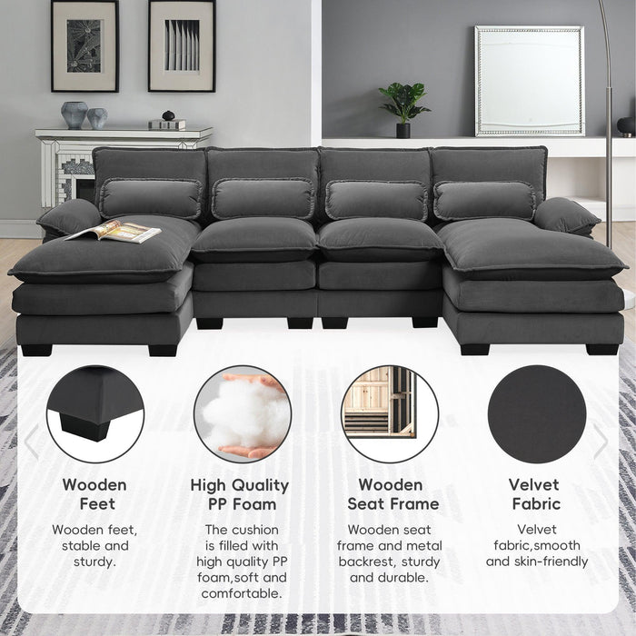 Modern U-shaped Sectional Sofa with Waist Pillows, Sleeper Couch with Chaise Lounge,6-seat Upholstered Symmetrical Sofa - DTYStore