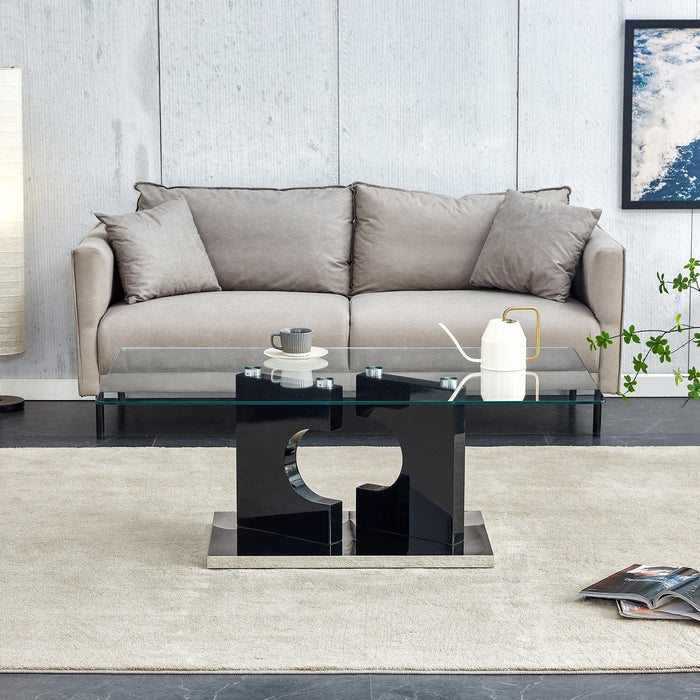 A rectangular modern and fashionable coffee table with tempered glass tabletop and black MDF legs. Suitable for living room.47.2"*25.5"*18"