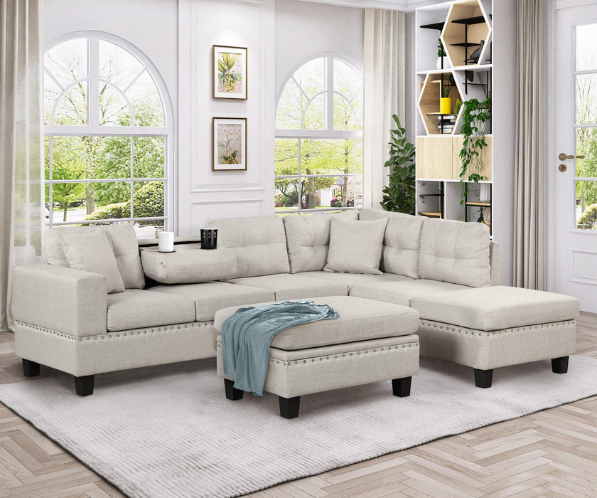 105" Modern Sectional Sofa with Storage Ottoman, L-Shape Couch with 2 Pillows and Cup Holder,Sectional Sofa with Reversible Chaise for Living Room,Light Gray - DTYStore