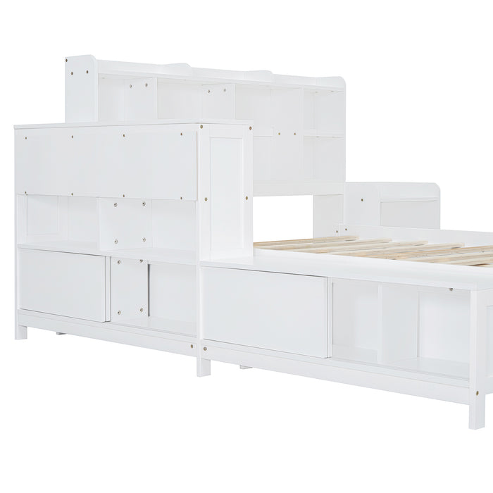 Full Size Wooden platform bed with Multi-functional Storage Space, Nightstand, 2 Drawers, USB Ports and Desk, White