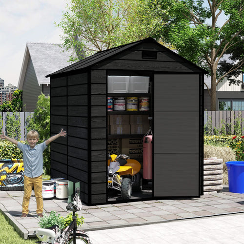Campcraft 6*6ft resin storage shed, high quality pp material, strong structure, waterproof, rust and UV proof, large storage space, 12mm thick pp board, HD window lighting Black wood grain color - Image 9