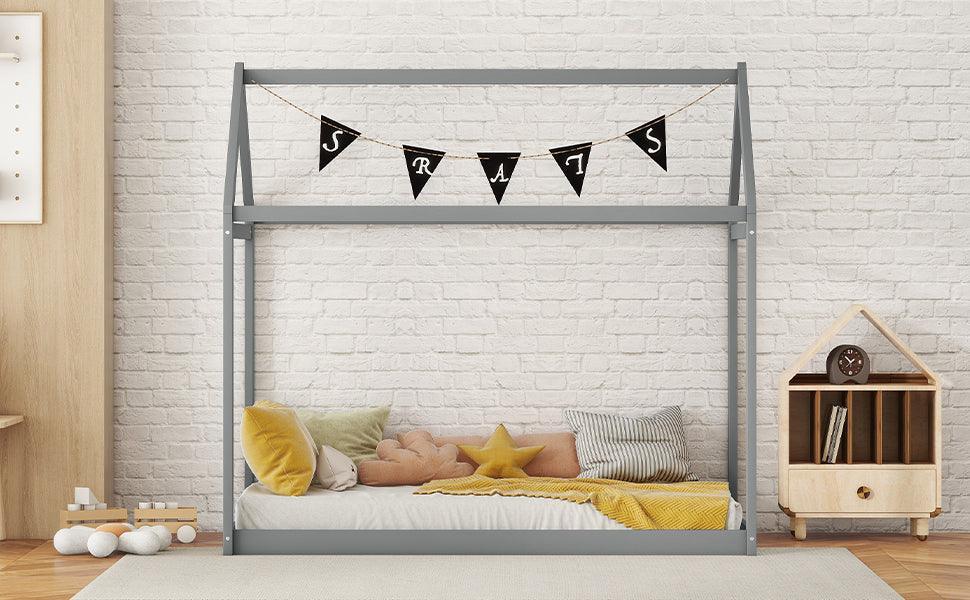Twin Size Wooden House Bed, Gray - DTYStore
