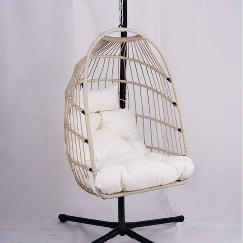 Outdoor Egg Hanging Chair with Stand, Patio Wicker Swing Egg Chair Indoor Swinging Chair Outdoor Hammock Egg Chair Off-white - Image 19