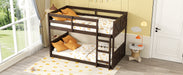 Twin over Twin Floor Bunk Bed with Panelled Headboard and Footboard, Solid Rubber Wood Foundation with Safety Guardrails, Built-in ladder,Antique Oak - DTYStore