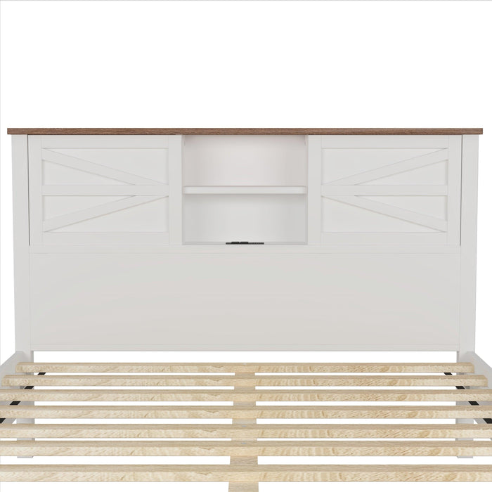 3-Pieces Bedroom Sets Full Size Farmhouse Platform Bed with Double Sliding Door Storage Headboard and Charging Station, Storage Nightstand and Dresser, White+Brown