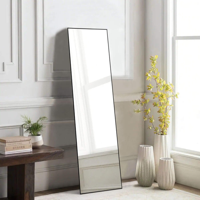 Floor Standing Mirror, Wall Mirror with Stand Aluminum Alloy Thin Frame,16''*59'',Black-rect - DTYStore