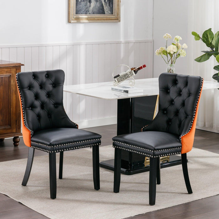 A&A Furniture,Nikki Collection Modern, High-end Tufted Solid Wood Contemporary PU and Velvet Upholstered Dining Chair with Wood Legs Nailhead Trim 2-Pcs Setï¼ŒBlack+Orange