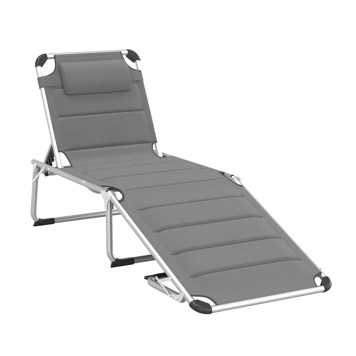 Outsunny Foldable Outdoor Chaise Lounge Chair, 5-Level Reclining Camping Tanning Chair with Aluminum Frame, Padding, and Headrest for Beach, Yard, Patio, Pool, Gray - DTYStore