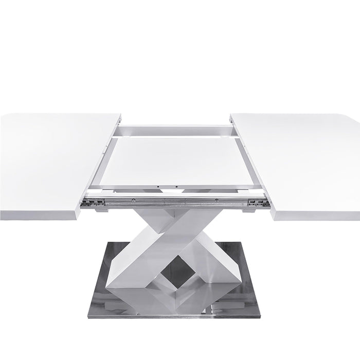Modern Square Dining Table, Stretchable, White Table Top+MDF X-Shape Table Leg with Metal Base - DTYStore