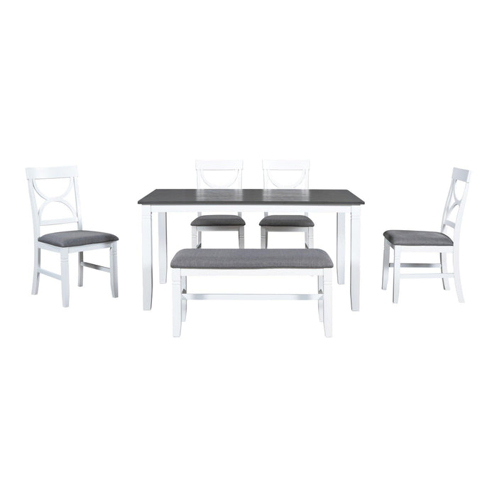 6-Piece Wood Dining Table Set Kitchen Table Set with Upholstered Bench and 4 Dining Chairs, Farmhouse Style,Gray+White - DTYStore