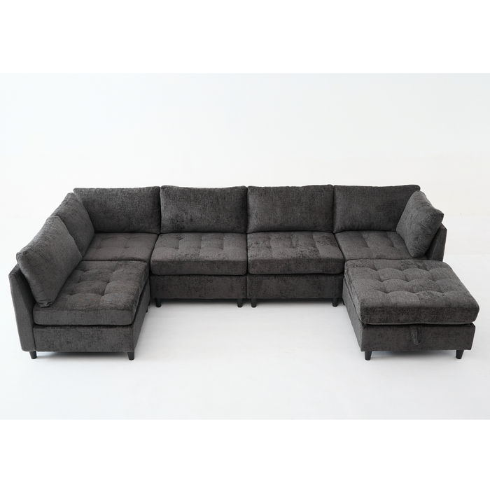Modular Sectional Couch with Storage Ottoman, U Shaped Sofa, Storage Ottoman,Minimalist ,Convertible Modular Sofa,Chenille ,Upholstered,6 Seat,Living Room, Dark Gray