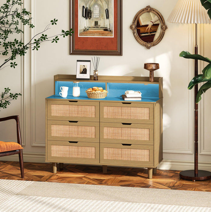 43.31"6-Drawers Rattan Storage Cabinet Rattan Drawer with LED Lights and Power Outlet,for Bedroom,Living Room,Natural - DTYStore