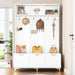 Modern Large Storage Hall Tree with Bench, Multi-functional Storage Bench with High Gloss Fluted Doors, Luxurious Coat Rack with 6 Gold Hooks and Legs for Entryway, Living Room, White - DTYStore