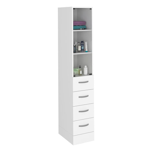 Linen Cabinet 68' H, Three Shelves, Four Drawers and Metal handles, White