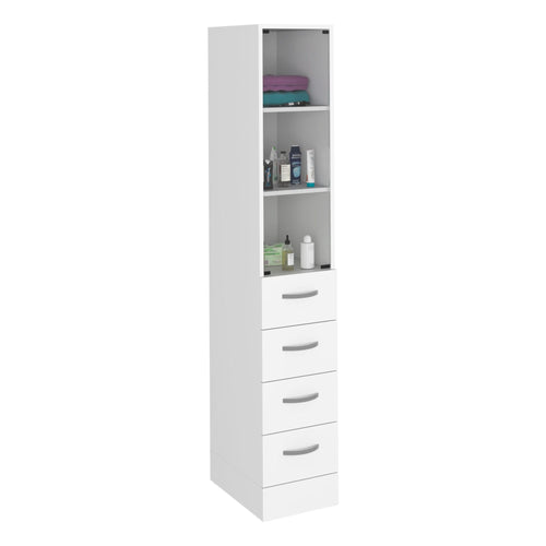 Linen Cabinet 68' H, Three Shelves, Four Drawers and Metal handles, White - Image 1
