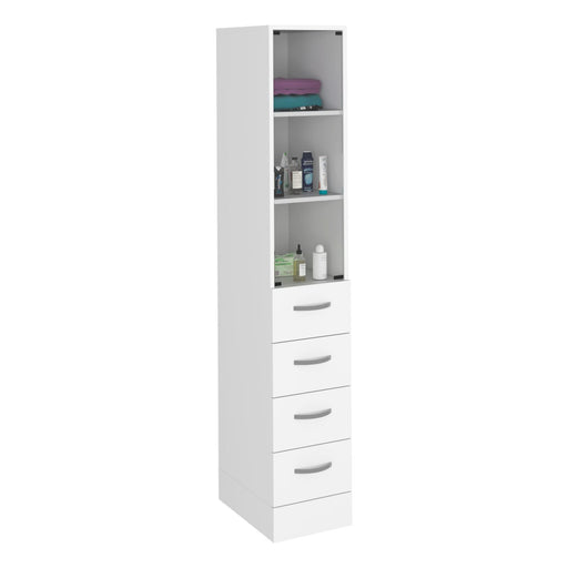 Linen Cabinet 68' H, Three Shelves, Four Drawers and Metal handles, White
