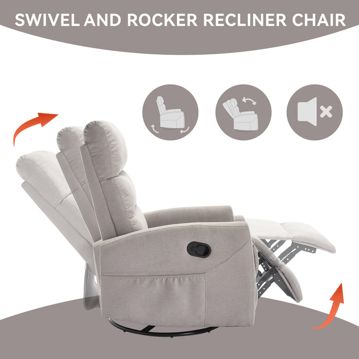 Manual Recliner Chair with Rocker and Swivel in Fabric for Living Room, Khaki