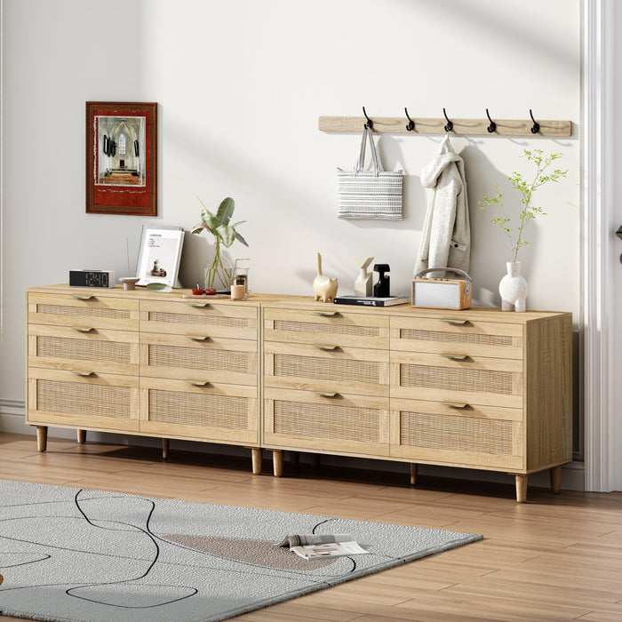 51" Rattan Dresser with Drawers, 6 Drawer Dresser for Bedroom, Clothes Storage Cabinet for Bedroom, Metal Handle&Wood Legs for Hallway, Living Room, Bedroom,Natural