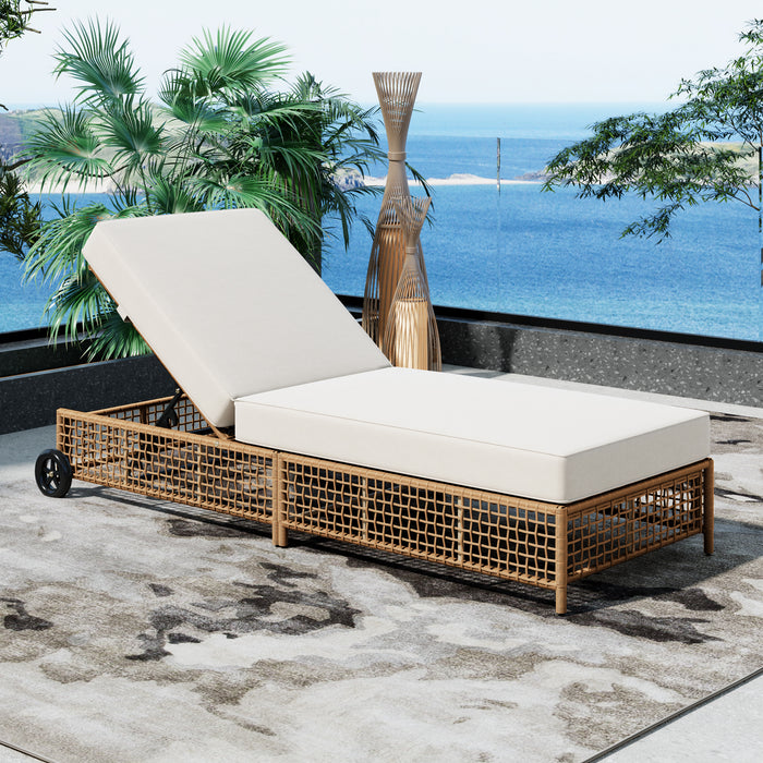 Outdoor Lounge Chair, Patio Chaise Lounge with 5-Position Backrest, Rattan Outdoor Lounge Chair with Cushion and Wheels for Poolside, Backyard, Garden (Natural+Beige) - DTYStore