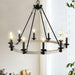 Rustic Farmhouse 10-Light Candle Chandelier, Black Metal and Wood Round Hanging Light Fixture for Dining Room, Kitchen, Living Room, Adjustable Height, E12 Bulb Base (No Bulbs) - DTYStore