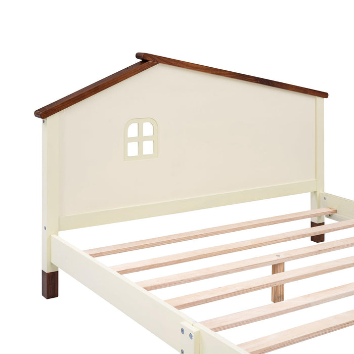 Full Size Wood Platform Bed with House-shaped Headboard (Cream+Walnut) - DTYStore