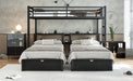 Full XL Over Twin & Twin Triple Bunk Bed with Drawers, Multi-functional Metal Frame Bed, Bed Head with Shelving & USB, Black - DTYStore