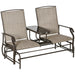 Outsunny Outdoor Glider Bench with Center Table, Metal Frame Patio Loveseat with Breathable Mesh Fabric and Armrests for Backyard Garden Porch, Brown - DTYStore