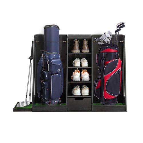 55.5''x16''x37''(LxWxH) Wooden Golf Bag Organizer and Storage Rack, High Quality Wooden 2 Golf Bag Rack with Drawers, Easy to Assemble Golf Club Holder/Stand with Club Holders on Side,Black - Image 10