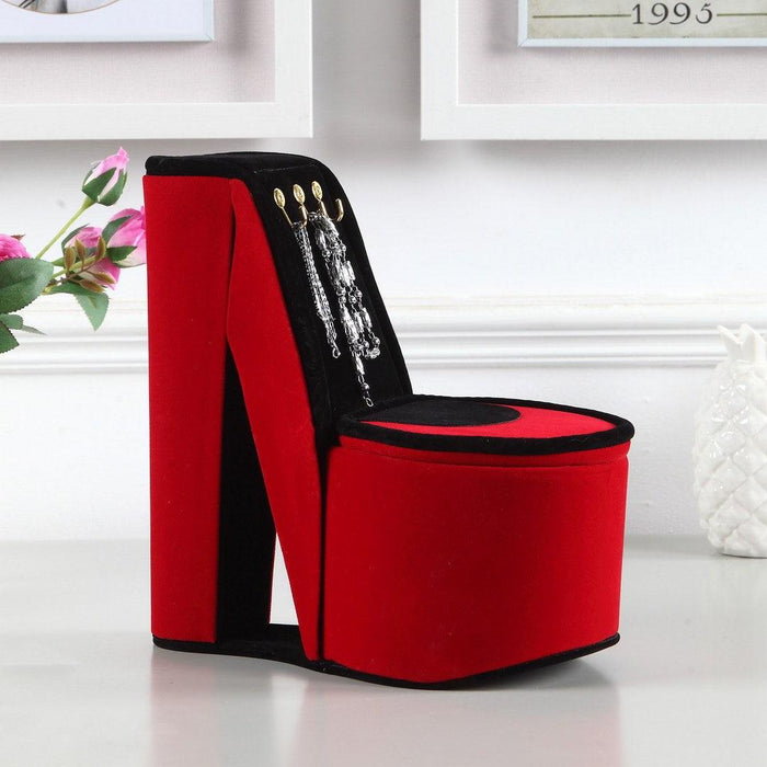 9" Tall Display Jewelry Box with Hooks, High Heel Shoe Design, Red Velvet - DTYStore