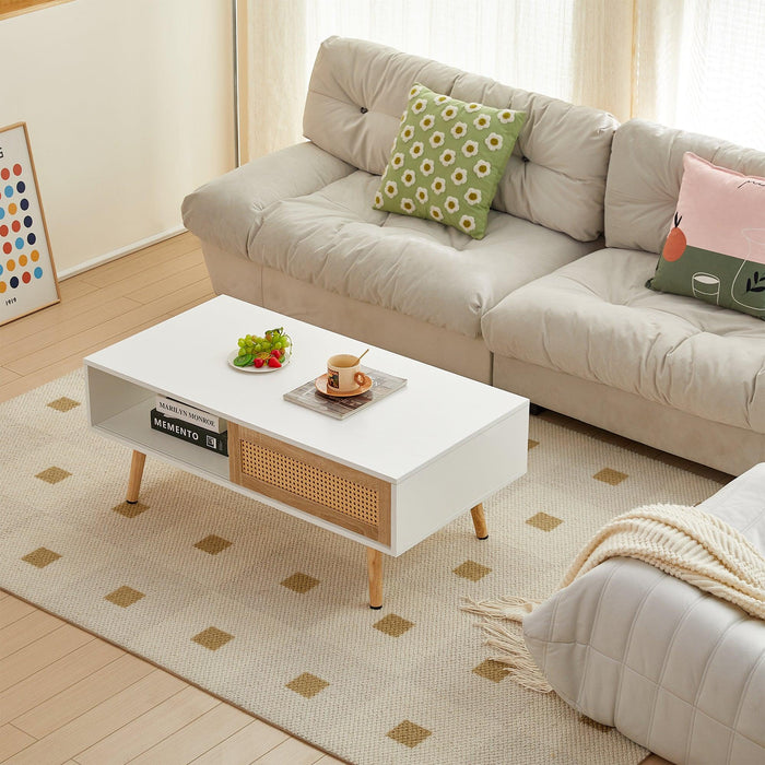 41.34" Rattan Coffee table, sliding door for storage, solid wood legs, Modern table for living room ,White - DTYStore