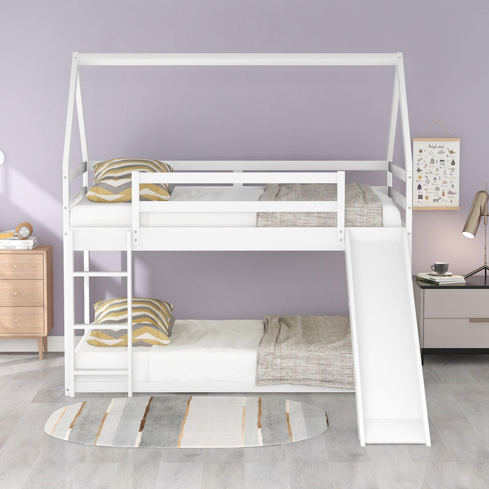 Twin Size Bunk House Bed with Slide and Ladder,White - DTYStore