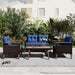 GO 4-Piece Garden Furniture, Patio Seating Set, PE Rattan Outdoor Sofa Set, Wood Table and Legs, Brown and Blue - DTYStore