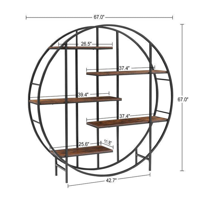 Round 5-Tier Metal Plant Stand bookcase storage rack, Indoor Living Room Terrace Garden Balcony Display Stand. Rustic Brown, 67'' W x 11.8'' D x 67'' H. - DTYStore