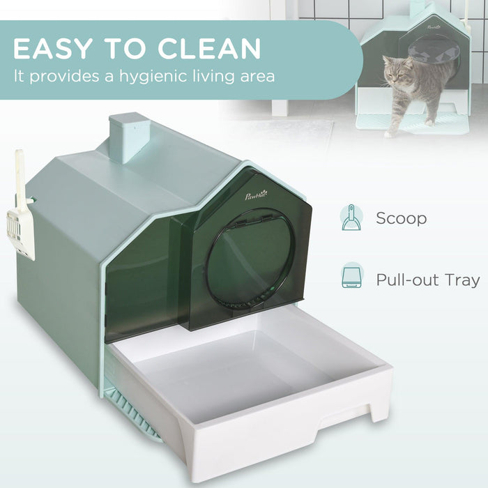 Hooded Cat Litter Box with Kitty Litter Mat, Kitty Litter Pan with Odor Control, Easy-Clean Pull-Out Drawer, Handle, Scoop, Light Blue