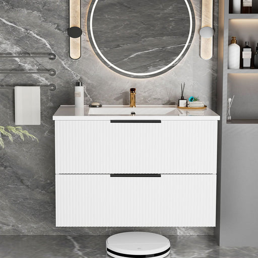 30 Inch Bathroom Vanity Cabinet With Ceramic Sink - White Wall Mounted Floating Fluted Vanity With Drawers, Modern