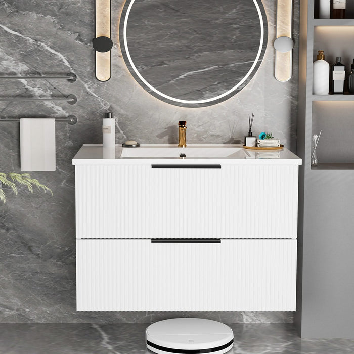 30 Inch Bathroom Vanity Cabinet With Ceramic Sink - White Wall Mounted Floating Fluted Vanity With Drawers, Modern