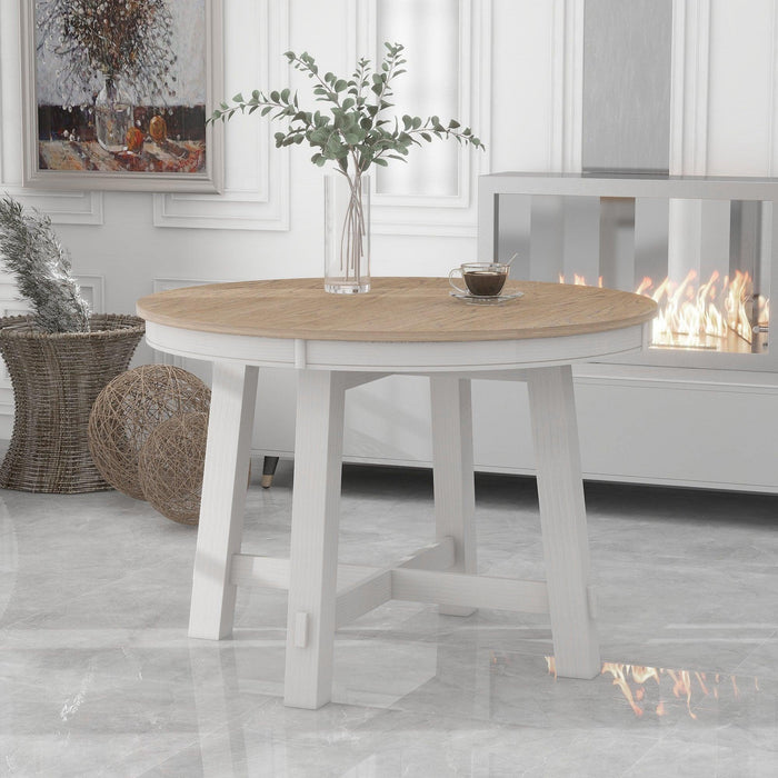 Farmhouse Round Extendable Dining Table with 16" Leaf Wood Kitchen Table - DTYStore