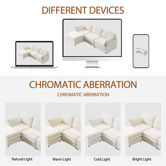 104' Plush Cloud 3 Seater Sofa: Modular 3 Seater Sofa + Ottoman with 22' Beige Chenille Cushions + 2 Throw Pillows - Compact Size for Apartment, Living Room, Bedroom (Beige) Default -DTYStore