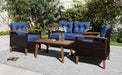 GO 4-Piece Garden Furniture, Patio Seating Set, PE Rattan Outdoor Sofa Set, Wood Table and Legs, Brown and Blue - DTYStore
