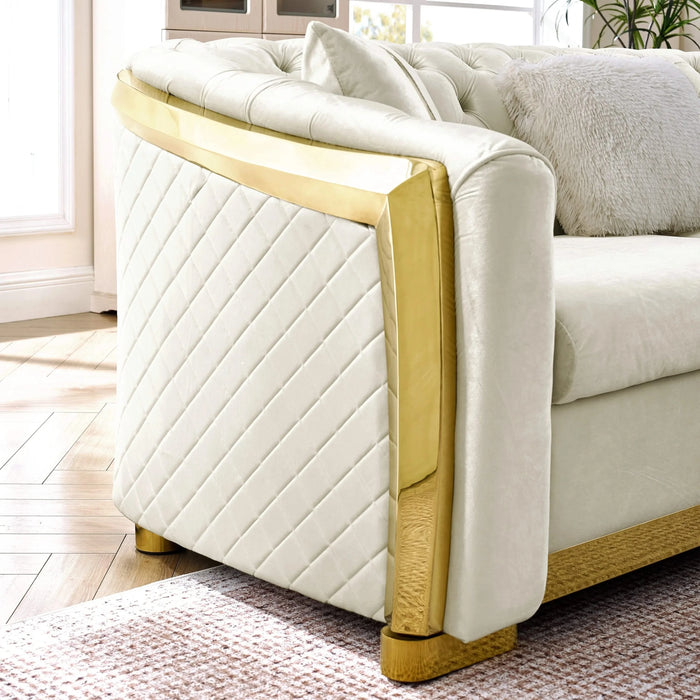 106 Inches L-Shaped Chesterfield Sectional Sofa with Gold Stainless Steel Accents, Velvet Button Tufted Sofa with 5 Pillows Luxury Couch for Living Room, Pink Default -DTYStore